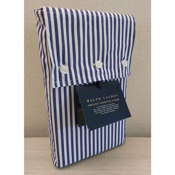 Ralph Lauren Organic Shirting Stripe Cotton Two Standard Pillowcases Blue White - Picture 2 of 9